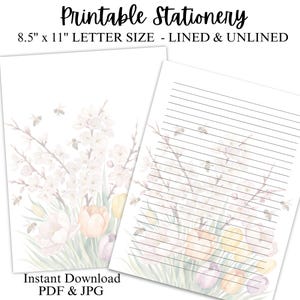 May include: Printable stationery featuring a watercolor illustration of a bouquet of white flowers, yellow and purple tulips, and bees. The stationery is available in lined and unlined versions. The text "Printable Stationery" and "8.5" x 11" LETTER SIZE - LINED & UNLINED" is at the top of the image. The text "Instant Download PDF & JPG" is at the bottom of the image.
