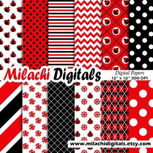 Ladybug digital paper, background, scrapbook papers, stripes, chevron, polka dots - M328