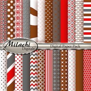 Red Gray Brown Digital Paper Pack, Scrapbook Papers, Commercial Use - Instant Download - M117