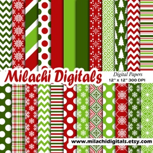May include: A set of 12 digital papers featuring Christmas-themed patterns in red, green, and white. The patterns include snowflakes, polka dots, stripes, plaid, and chevron designs. The papers are 12 inches by 12 inches and 300 DPI.