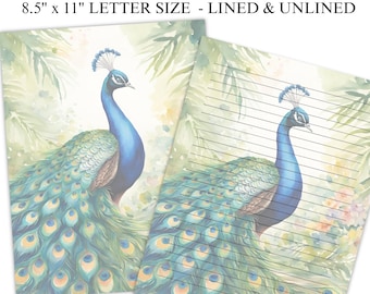 Peacock Stationery Printable, Journal Paper, Letter Writing Paper, Office Notepad, Writing Paper, Digital Writing Paper, Lined, Unlined