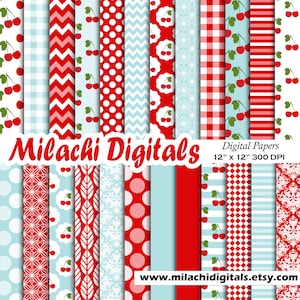 Kirschen Digitales Papier, Nahtlose Hintergründe, Kirschen Scrapbook Papiere, Streifen, Chevron, Polka Dots, Damast, Kirsche - M941