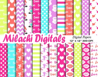 Valentine digital paper, valentine's day scrapbook papers, hearts wallpaper, heart background, gnome, kiss, love - M907