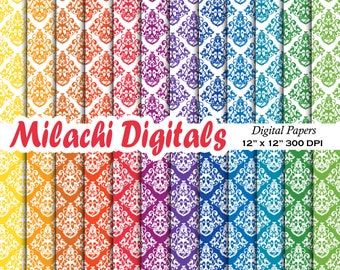 Damask digital paper, scrapbook papers, primary colors, damask patterns, seamless damask, damask wallpaper, damask background - M898