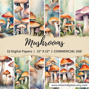 Mushrooms Digital Paper, watercolor mushroom backgrounds, junk journal pages, printable scrapbook paper, card making, digital download
