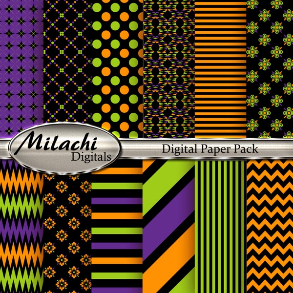 Halloween Digital Paper Pack, Stripes, Polka Dots, Chevron, Orange, Black, Purple, Green, Commercial Use - Instant Download - M11