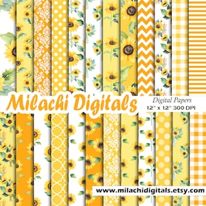 Puede incluir: Un conjunto de 12 papeles digitales con patrones de girasoles en amarillo y blanco. Los papeles miden 30,5 cm x 30,5 cm y tienen una resolución de 300 DPI. El texto "Milachi Digitals" y "www.milachidigitals.etsy.com" están incluidos en la imagen.