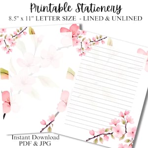 Puede incluir: Conjunto de papelería imprimible con un diseño de flores de cerezo rosas. El conjunto incluye papel de carta de tamaño carta de 8,5 x 11 pulgadas con líneas y sin líneas. Descarga instantánea de archivos PDF y JPG.