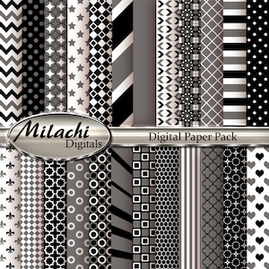 May include: A digital paper pack with 24 different black and white patterns. The patterns include geometric shapes, stripes, polka dots, and more. The pack is titled "Milachi Digitals Digital Paper Pack".