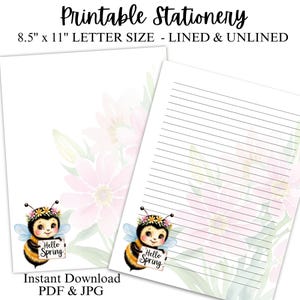 Peut inclure: Ensemble de papeterie imprimable avec une mignonne abeille de dessin animé portant une couronne florale et tenant une pancarte qui dit "Hello Spring". L'ensemble comprend du papier à lettres de format lettre ligné et non ligné de 8,5 x 11 pouces.