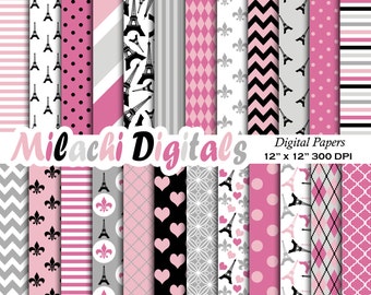 Paris digital paper, Eiffel Tower scrapbook papers, French wallpaper, Bonjourn background - M386