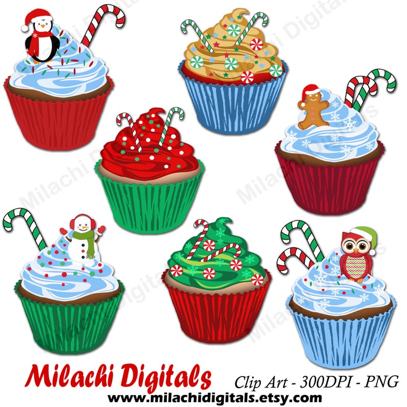 May include: Set of seven Christmas cupcake clip art images. The cupcakes are decorated with various Christmas themes, including a snowman, an owl, a gingerbread man, a penguin, and a Christmas tree. The cupcakes are all in different colors, including red, green, blue, and white.