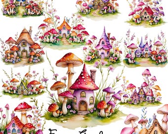 Fairy Garden Clipart Set | 12 High-Quality PNG Images | Magical Fairy Houses, Mushrooms, and Blossoms, Commercial Use, Instant Download