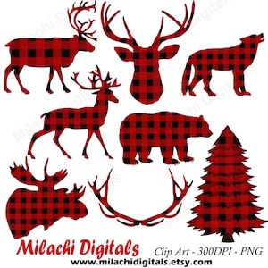 Buffalo plaid clipart, lumberjack clipart, planner stickers, animal clipart, digital clip art, printable, commercial use - M445
