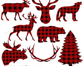 Buffalo plaid clipart, lumberjack clipart, planner stickers, animal clipart, digital clip art, printable, commercial use - M445