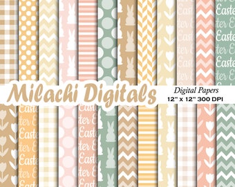 May include: A collection of digital papers with Easter-themed patterns. Designs include gingham, chevrons, polka dots, bunny silhouettes, and floral motifs in pastel colors. The papers are 12" x 12" and 300 DPI. The text "Milachi Digitals" and "www.milachidigitals.etsy.com" are also visible.