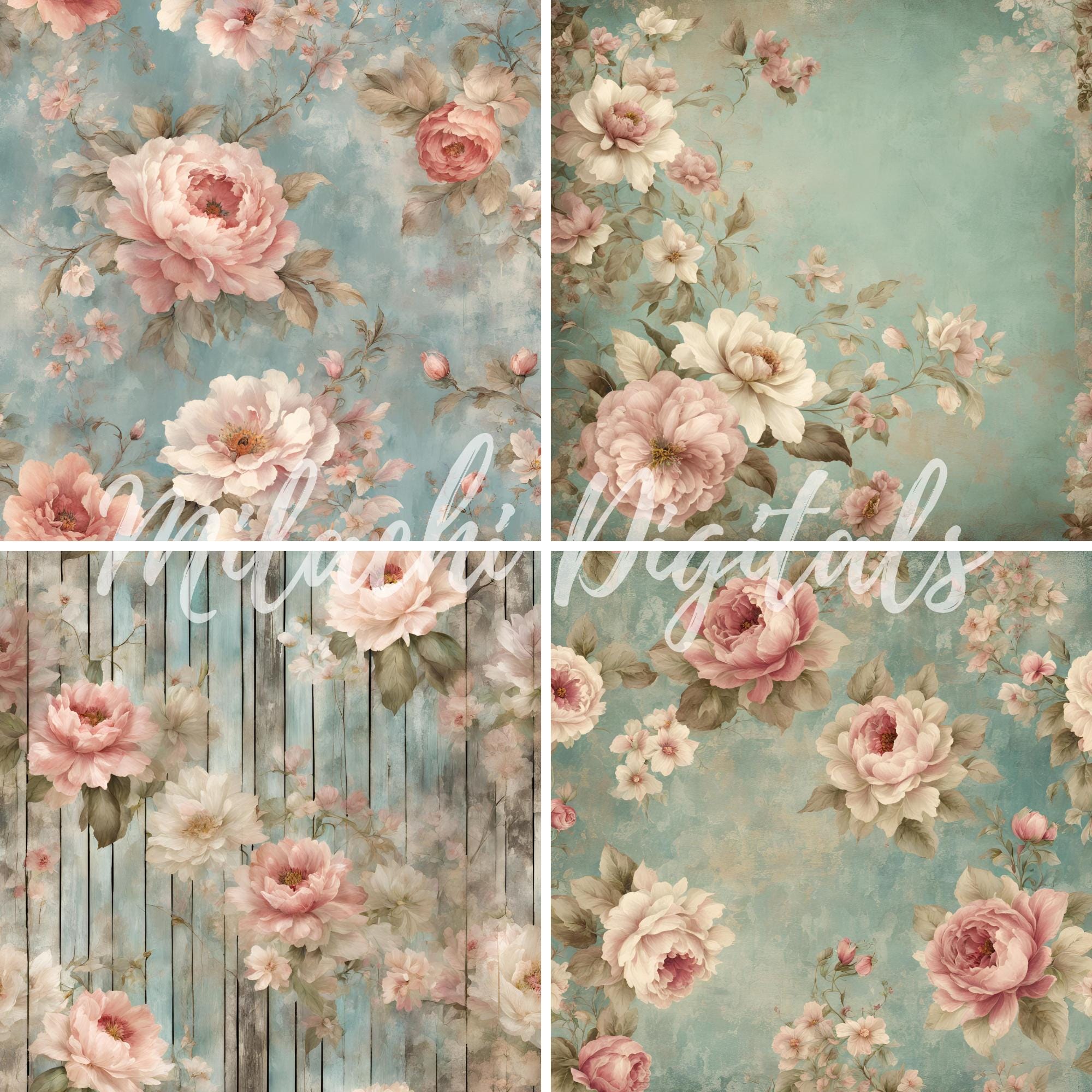 Shabby Chic Florals Digital Paper Pack, Junk Journal Pages, Distressed ...