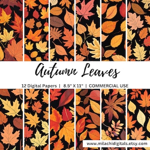 May include: Twelve digital papers featuring a seamless pattern of autumn leaves in shades of red, orange, yellow, and brown on a black background. The papers are 8.5 inches by 11 inches and are for commercial use.