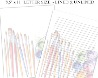 Art Supplies Printable Stationery, Lined and Unlined Writing Paper with Paintbrushes and Palette for Journaling, Letters and Notes, Artistic