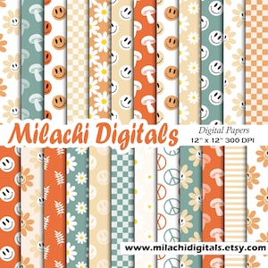 Może przedstawiać: Kolekcja papierów cyfrowych z różnymi wzorami, w tym uśmiechniętymi buźkami, stokrotkami, grzybami i kratką. Papiery są w odcieniach pomarańczu, zieleni i kremu. Widoczny jest tekst "Milachi Digitals" i "Digital Papers 12" x 12" 300 DPI".