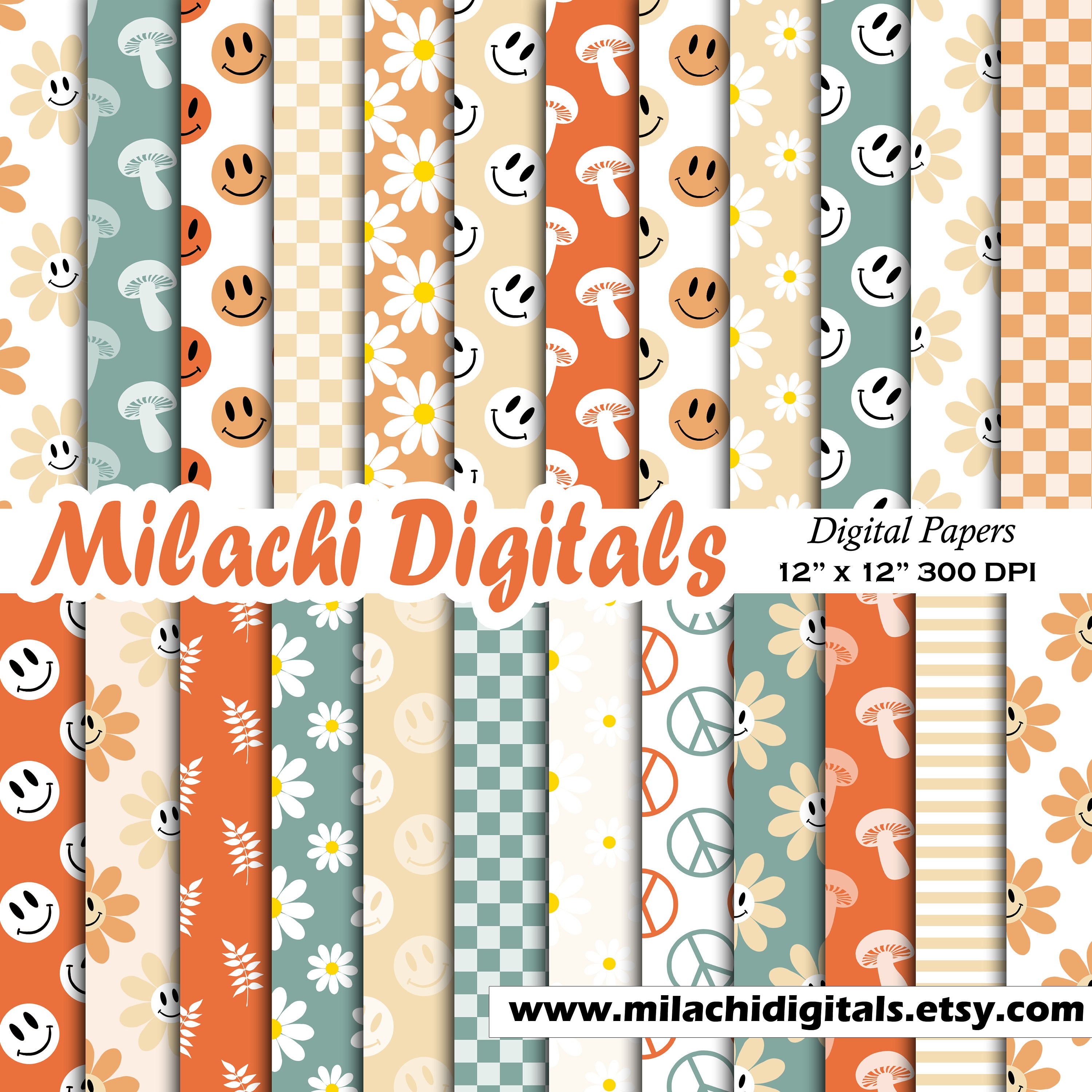Groovy Retro Digital Paper Pack, Scrapbook Papers, Happy Face Seamless  Patterns, Mushroom Backgrounds, Printable, Notebook Cover - M1000 - Etsy