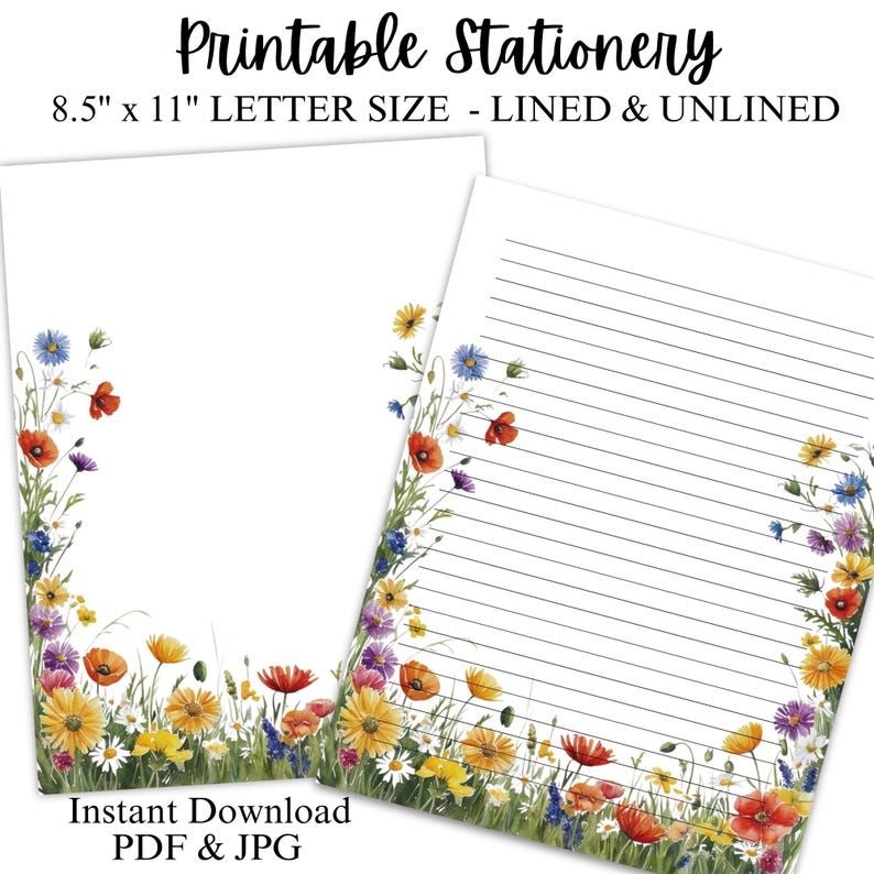 Meadow Flowers Printable Stationery, Lined & Unlined Paper PDF and JPG ...