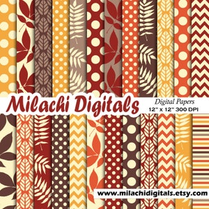 Thanksgiving Digital Paper Fall Scrapbook Papers Autumn Leaves Harvest Polka Dots Backgrounds Printable Commercial Use M773