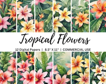 Tropical Flowers Digital Paper Pack 8.5"x11", Summer Junk Journal Printable Pages, Tropical Floral Backgrounds, Printable Scrapbook Paper