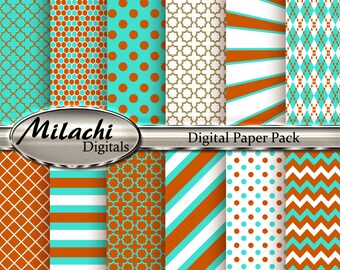 Turquoise and Orange Digital Paper Pack - Commercial Use - Instant Download - M33