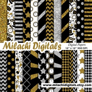 Happy New Year digital paper, new year's eve scrapbook papers, new year wallpaper, black gold and silver background-M468 image 1
