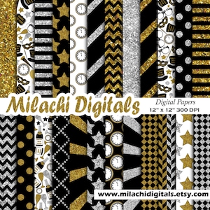 Happy New Year digital paper, new year's eve scrapbook papers, new year wallpaper, black gold and silver background-M468 image 1