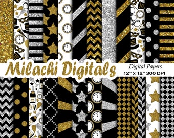 Happy New Year digital paper, new year's eve scrapbook papers, new year wallpaper, black gold and silver background-M468