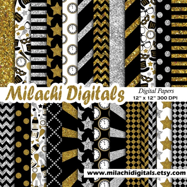 Happy New Year digital paper, new year's eve scrapbook papers, new year wallpaper, black gold and silver background-M468
