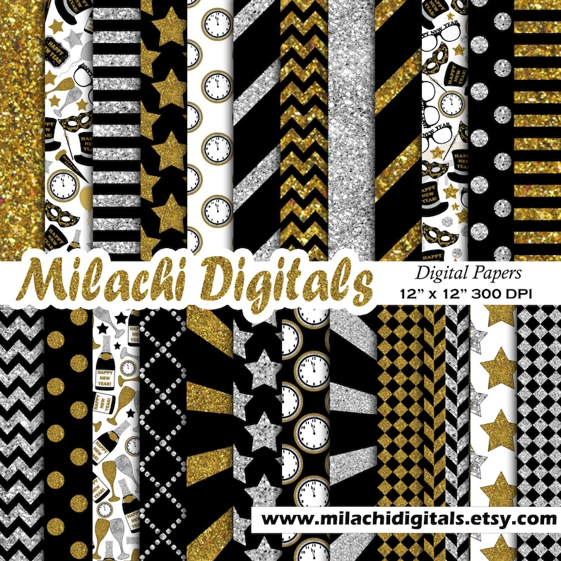 Happy New Year digital paper, new year's eve scrapbook papers, new year wallpaper, black gold and silver background-M468 image 1