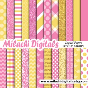 Op de afbeelding: Een set van 12 digitale papieren in roze en geel met verschillende patronen, waaronder strepen, stippen, glitter en kronen. De papieren zijn 30,5 cm bij 30,5 cm en 300 DPI.  Milachi Digitals is de naam van de winkel.  Het websiteadres is www.milachidigitals.etsy.com.