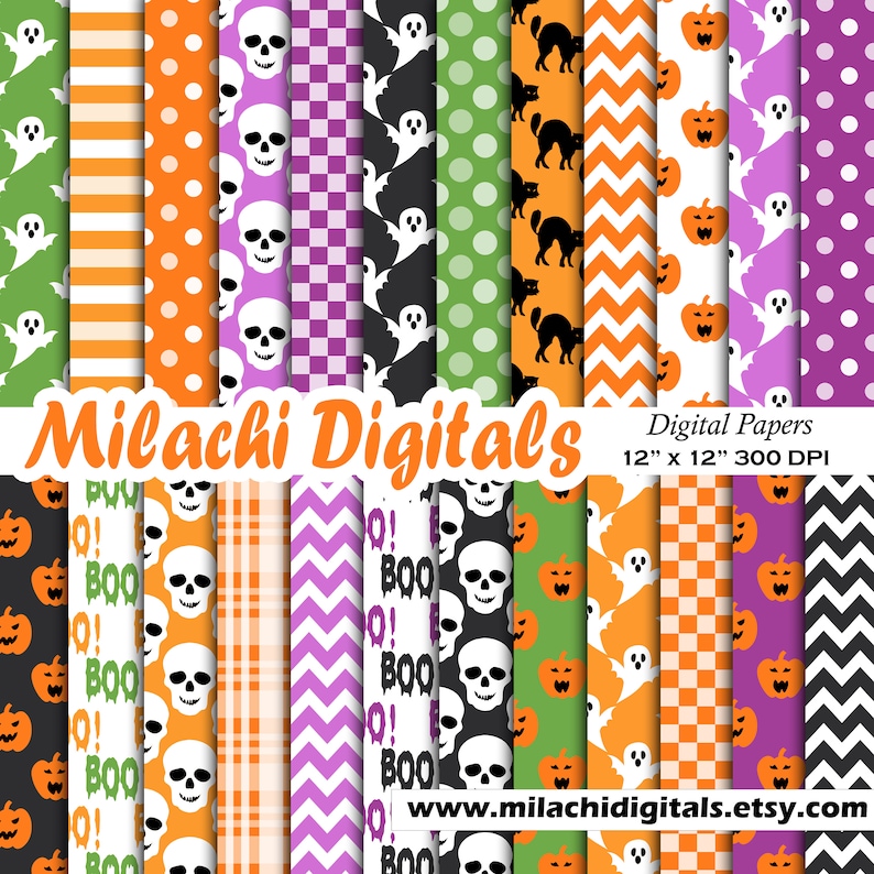 Halloween Digital Paper Seamless Trick or Treat Scrapbook Papers, Skull ...