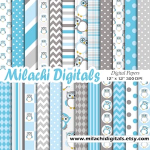Carta digitale gufi, carte scrapbook blu e grigio, gufo wallpaper, sfondo di gufi - M475