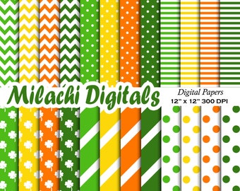 May include: A set of 12 digital papers featuring various patterns in green, yellow, orange, and white. The patterns include stripes, polka dots, chevrons, and shamrocks. The papers are 12" x 12" and 300 DPI.  "Milachi Digitals" is written in a bold, cursive font across the top of the image. The website address "www.milachidigitals.etsy.com" is written at the bottom of the image.