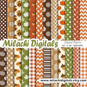 May include: Set of 16 digital papers featuring various autumnal patterns, including pumpkins, turkeys, acorns, leaves, and geometric designs in orange, brown, green, and white. The papers are 12 inches by 12 inches and 300 DPI.  Milachi Digitals.