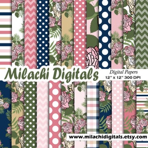 Cyfrowy papier kwiatowy, papiery kwiatowe, papier do scrapbookingu do druku, tła kwiatowe, niebieski, różowy, zielony, szewron, paski, zastosowanie komercyjne M778