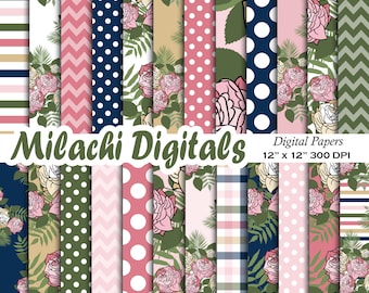Papel Digital Floral, PapelEs Florales, Papel Scrapbook Imprimible, Fondos de Flores, Azul, Rosa, Verde, Chevron, Rayas, Uso Comercial M778