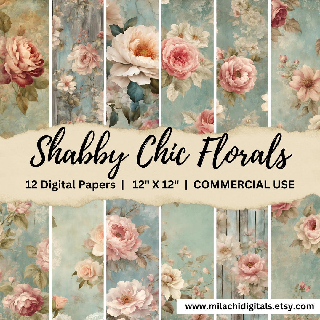 Shabby Chic Florals Digital Paper Pack, Junk Journal Pages, Distressed ...