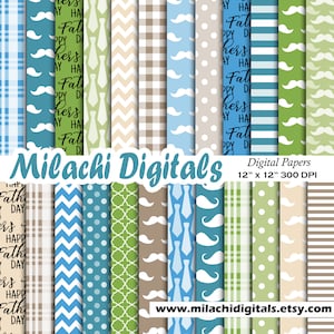 Pacote de papel digital para o Dia dos Pais, papéis para scrapbook, padrões sem costura, planos de fundo, padrão de tecido, capa para caderno, bigode - M995