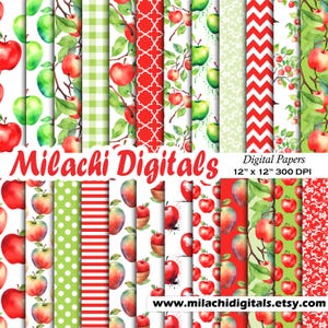 Pode incluir: Uma coleção de papéis digitais com temas de maçã. Os papéis apresentam vários padrões, incluindo maçãs vermelhas e verdes, xadrez vichy, bolinhas e arranjos florais. O texto "Milachi Digitals" e "Digital Papers 12" x 12" 300 DPI" são visíveis.