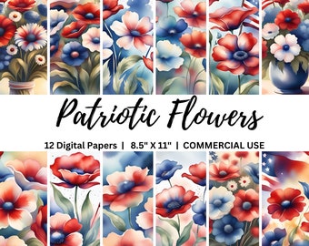 Patriotic Flowers Digital Paper Pack 8.5"x11", 4th of July Junk Journal Printable Pages, Patriotic Backgrounds, Printable Scrapbook Paper