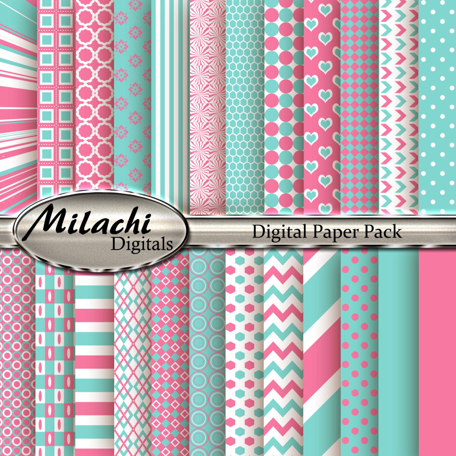 Carnation Pink and Blue Digital Paper Pack, Scrapbook Papers ...