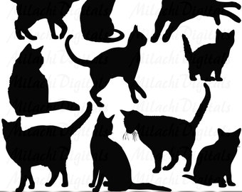 Black Cat Silhouette Clip Art Digital Clipart Commercial Use - printable clipart - Instant Download - M256