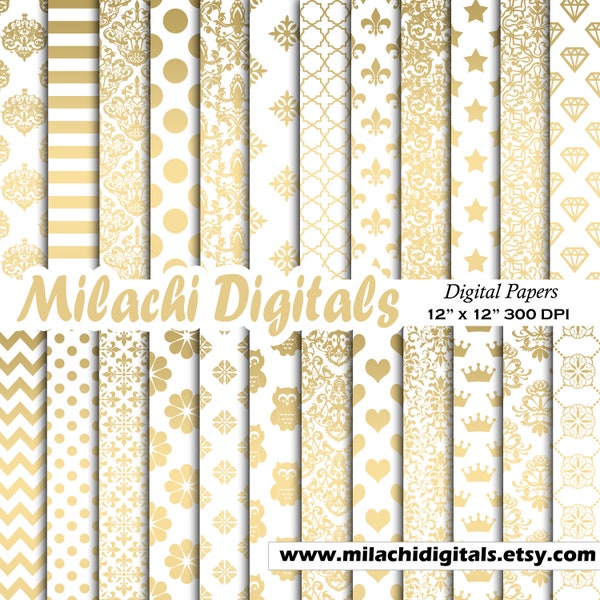 White and Gold digital paper, seamless pattern, gold damask, scrapbook paper, invitation backgrounds, polka dots, gold owl pattern M879