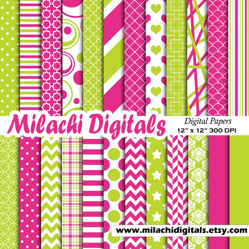 Pink and lime green digital paper, baby shower scrapbook papers, birthday wallpaper, chevron background M483 image 1