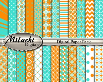 Turquoise and Dark Orange Digital Paper Pack, 12" x 12" Scrapbook Papers, Commercial Use - Instant Download - M239